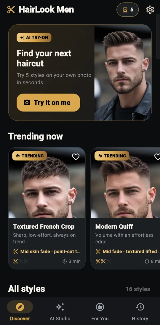 Men's haircut catalog in the HairLook Men app