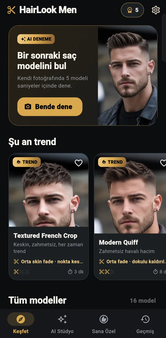 HairLook Men uygulamasında erkek saç modelleri kataloğu